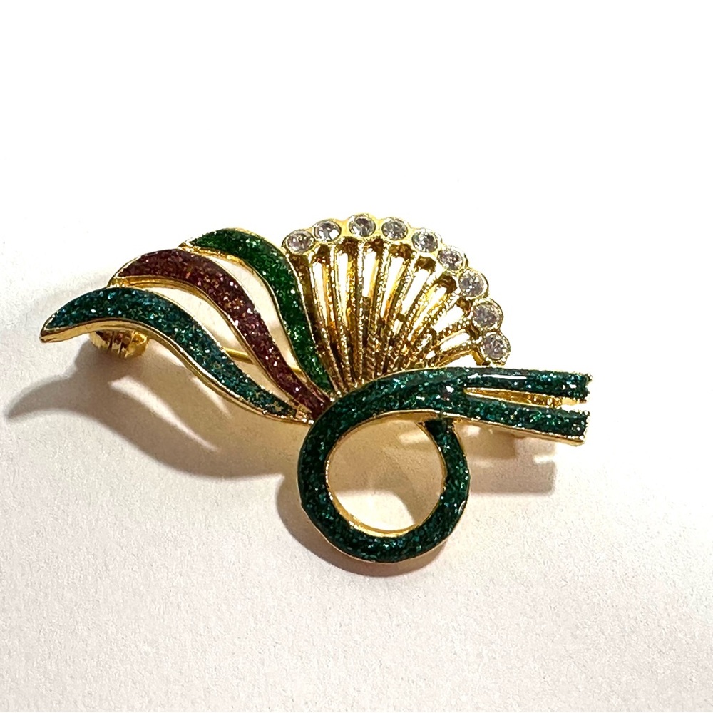 Colorful Sparkly Fan Shape Brooch Pin Rhinestone Style Beads Gold Tone